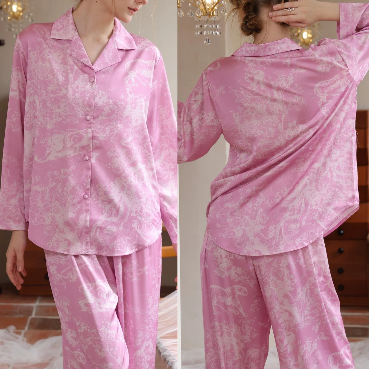 

2026 Spring New Tiger Printing Pajamas Set Women's Nightwear Top Pants Ice Silk Home Sleepwear Loose 2 Piece Suit Loungewear PJS