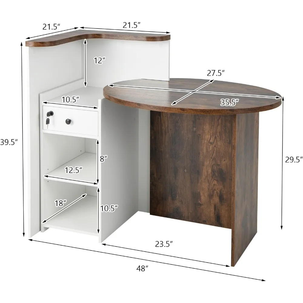 Reception Desk, Front Counter Desk with Lockable Drawer & Adjustable Shelf, Oval Desktop, Retail Counter for Checkout