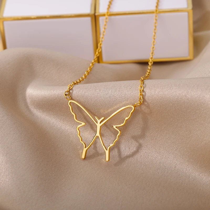 Hollow Butterfly Pendants Necklace for Women Gold Color Stainless Steel Choker Necklaces 2023 Trend Aesthetic Jewelry colliers