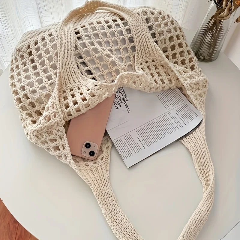 1 bolso de mano de ganchillo para mujer, compras tejidas huecas de gran capacidad con correa fija para el hombro, Ideal para viajes, bolsos para mujer