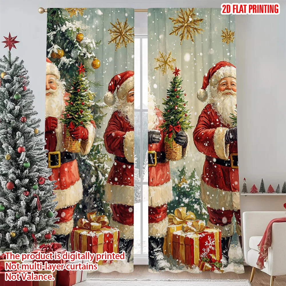 

2pcs 2D flat printing Merry Christmas Curtains Vintage Santa Claus Versatile 100% Polyester Without Electricity Spring Party &