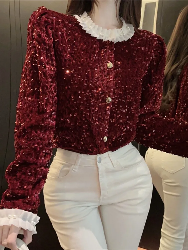 

Ele Heavy Embellied Velvet Sequin Chic Sle Женская свободная утягивающая конструкция с пуговицами и жемчугом в тон Верхняя одежда