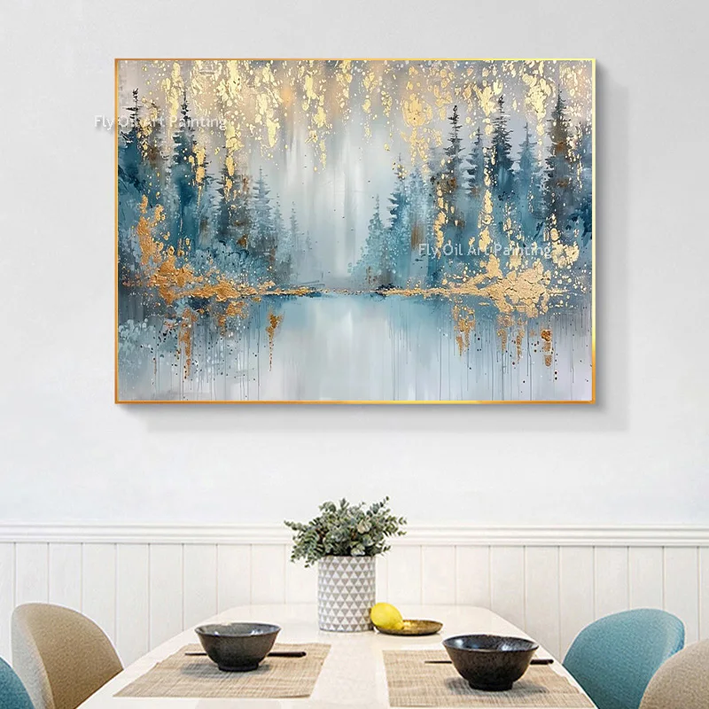 Gold Foil White Floral Oil Painting Abstract Flower Canvas Wall Art Handmade Horizontal Impasto Artwork