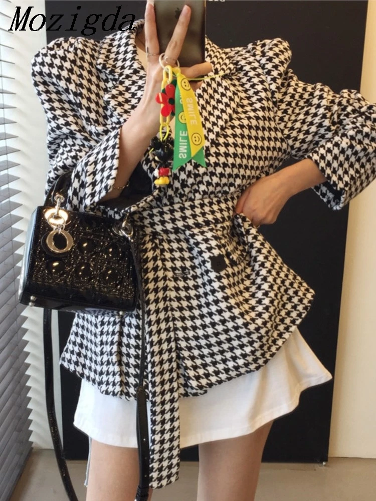 

Осенне-зимняя куртка с пышными рукавами и узором «гусиные лапки», женские корейские винтажные женские куртки на шнуровке с талией, пальто, топы casaco feminino