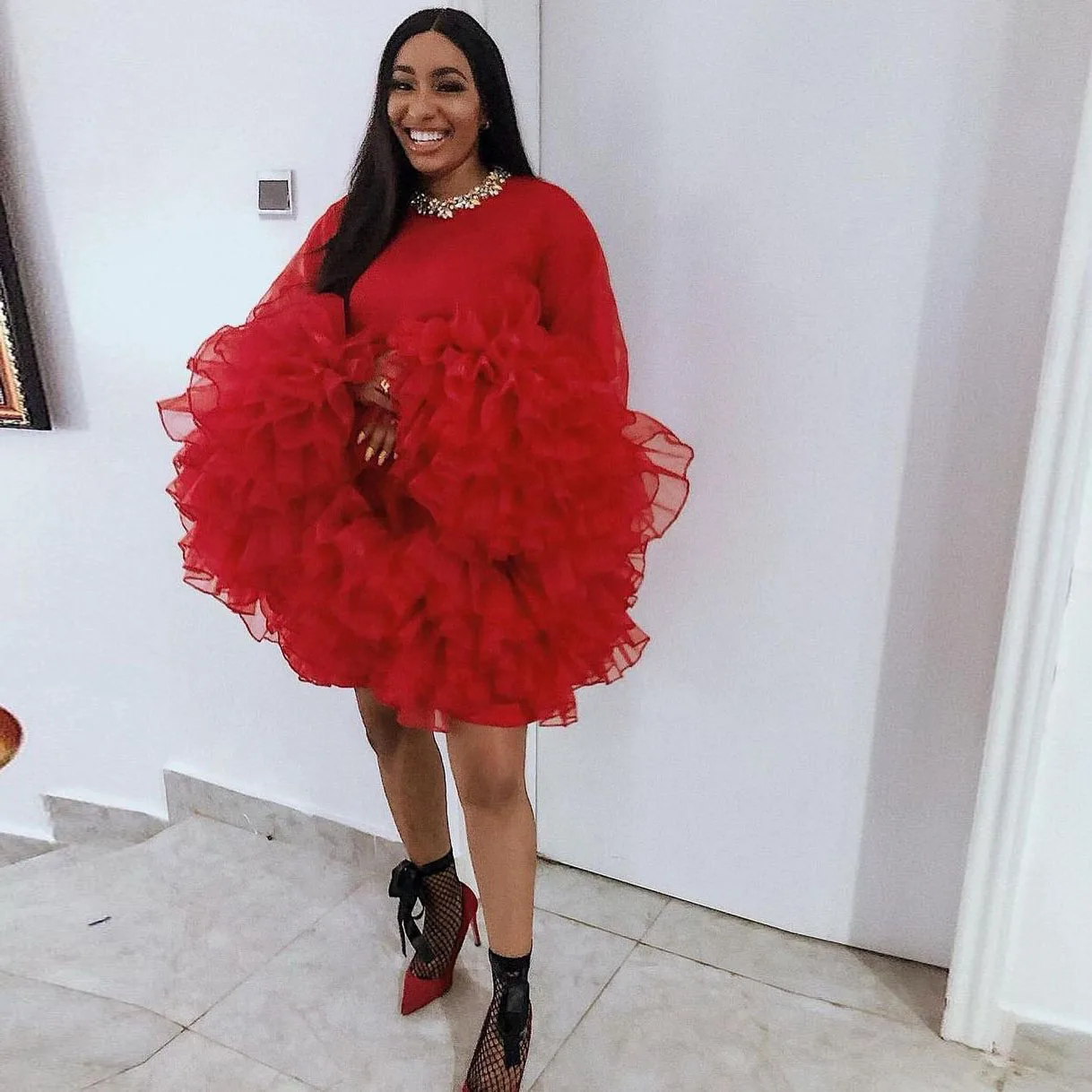 

Red Casual Elegant Simple Women's Dress Tulle Ruffle Layered Party Dress Mini Dress Photography Custom Made Evening Dress