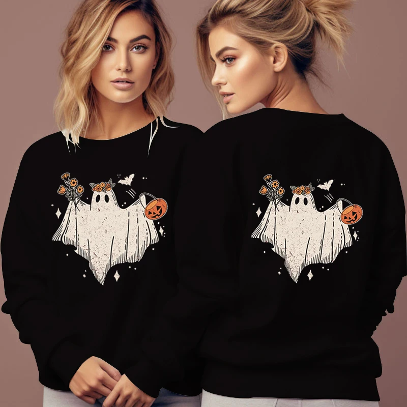 Women's Cartoon Halloween Hoodies Funny Flower Pumpkin Ghost Print Pullover Long Sleeve Fashion Trend Halloween Sweatshirts