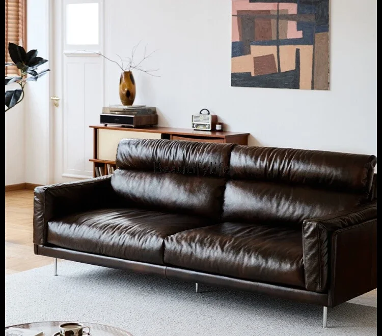

LFrench Retro Sofa Oil Wax Leather Straight Row Genuine Leather Sofa Vintage Top Layer Cowhide