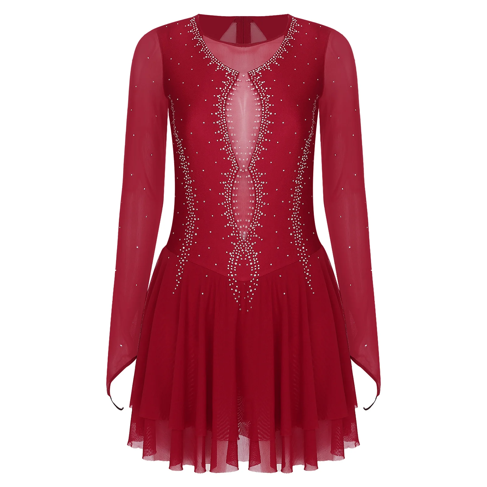 Langarm-Eiskunstlauf-Kleid für Damen, glitzerndes Strass-Ballett-Tutu-Kleid, Gymnastik-Trikot, Roller, Eislaufen, Tanzbekleidung