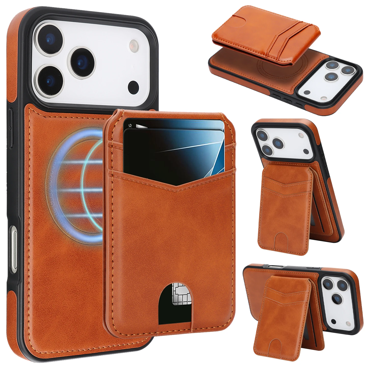 

2 in 1 Detachable Business Magnetic Vertical Cards Solt Leather Wallet Case For iPhone 17 Pro Max 16 Plus 15 14 RFID Stand Cover