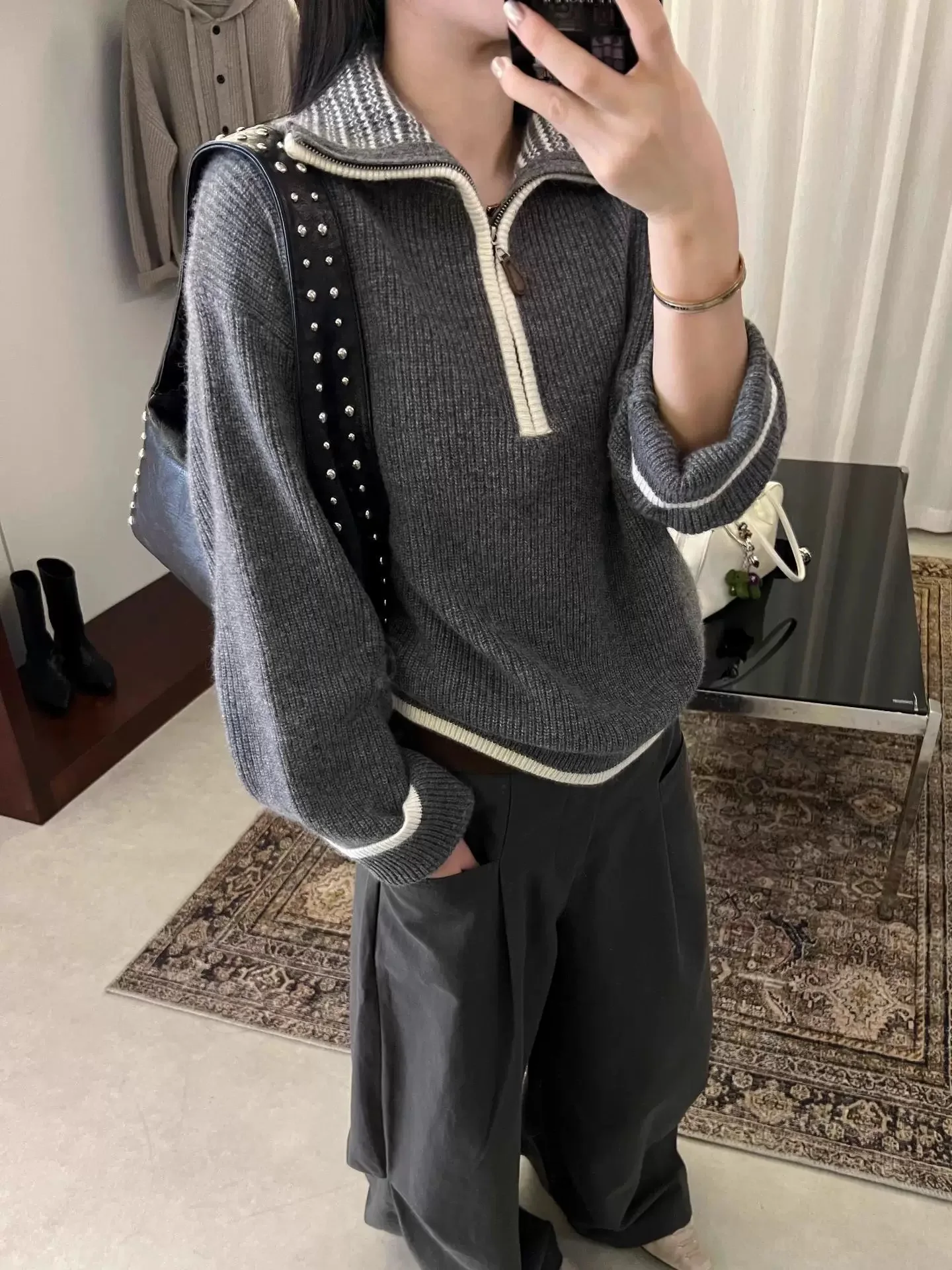 100% high-quality wool European autumn and winter new semi-zipper lapel fashionable knitted sweater top for women