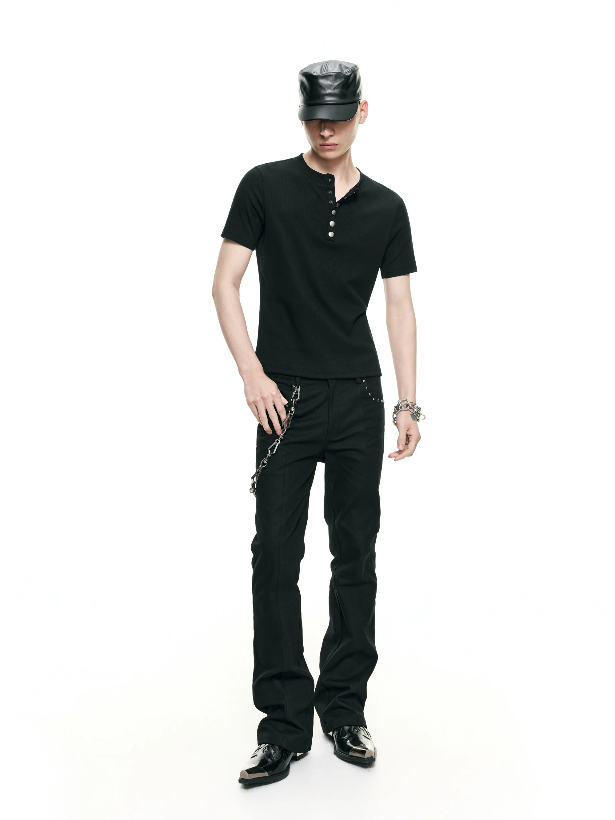 

FRKM SCD 26 FS Men's Slim Fit T-shirt Henry Collar Elastic Short Sleeve Metal Buckle Short Length Summer Casual Cotton Blend