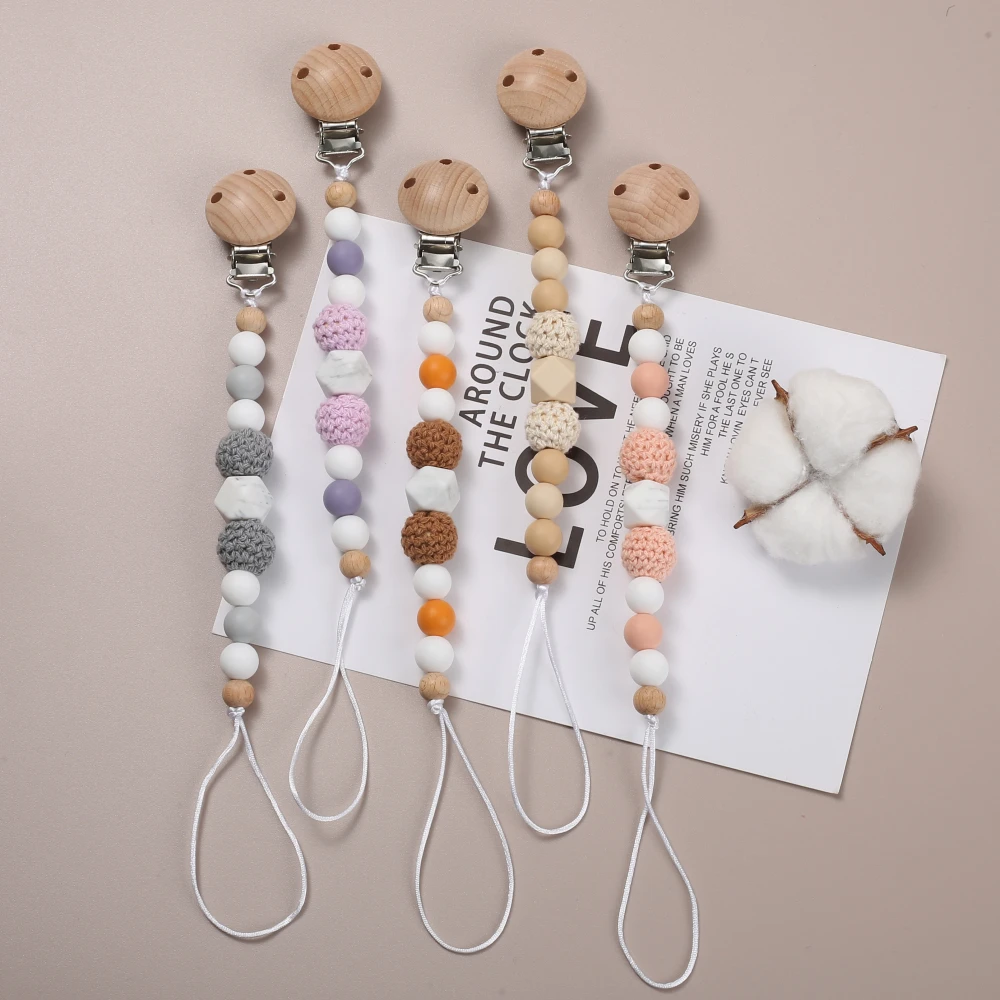 Beech Wood Dummy Holder Clips Wooden Felt Ball Silicone Beaded Baby Pacifier Chain For Food Grade Appease Nipple Chain Care Toy