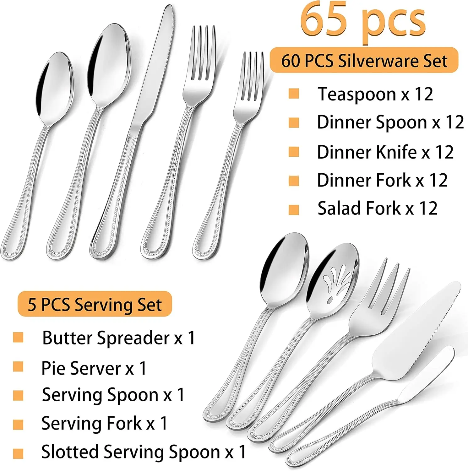 65-Piece Silverware Set  Utensils Pearled Edge Tableware Cutlery Mirror PolishedStainless Steel Flatware Service for 12