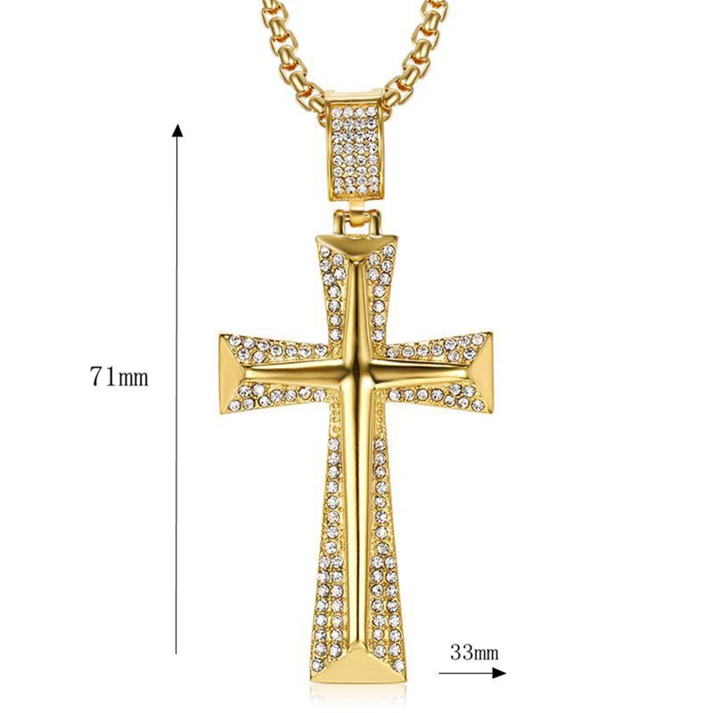 Iced Out Bling Cross Necklace For Men Gold Color CZ Cubic Zirconia Knight Cross Pendant Hip Hop Man Jewelry Gift Dropshipping