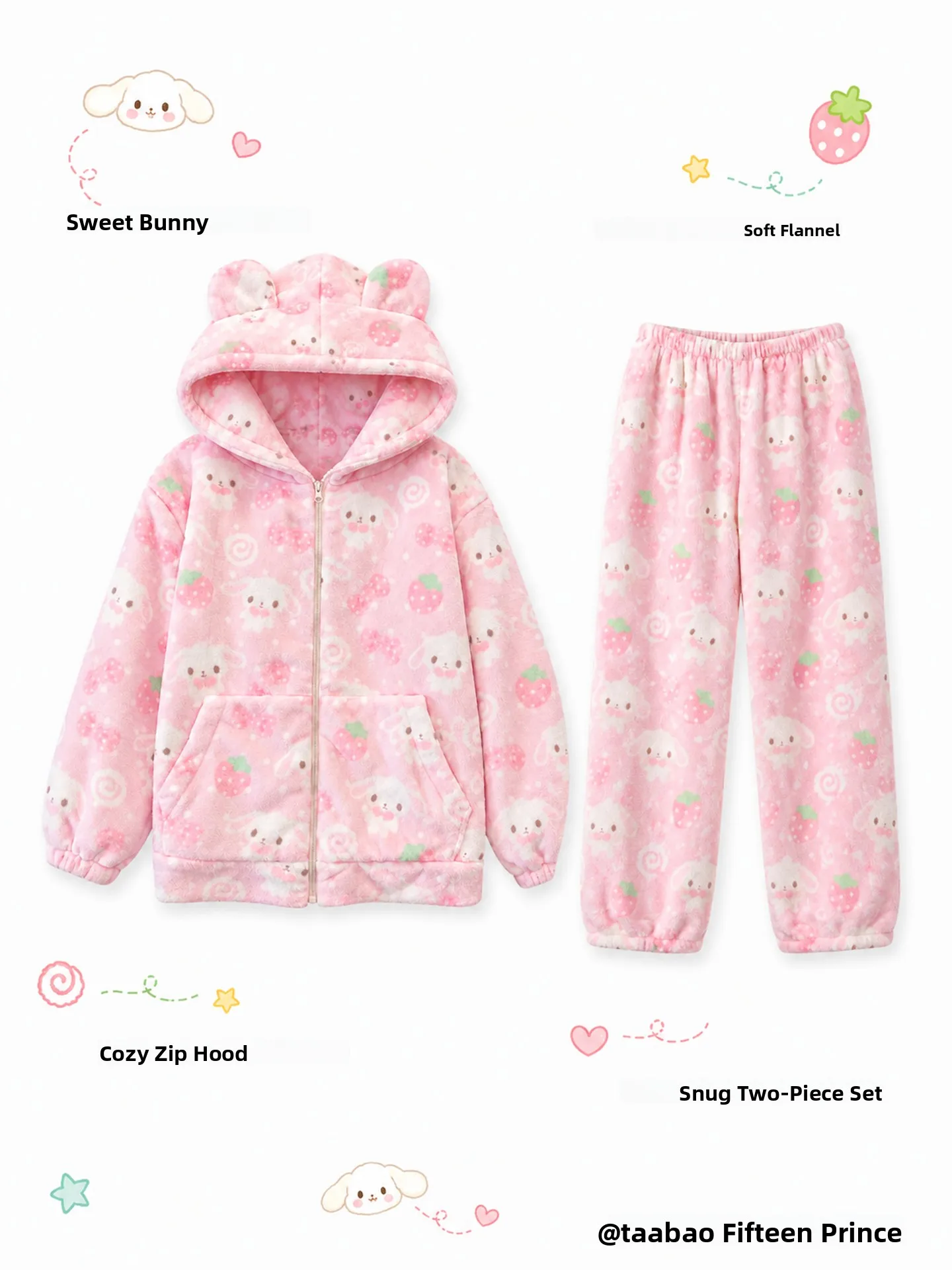 strawberry-dessert-rabbit-thickened-flannel-home-clothes-set-women's-winter-sleepwear-with-hat-soft-warm-long-sleeve-outfit