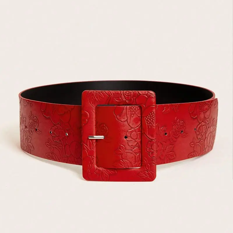 Plus Size Red Obi Wide Belt Printed PU Waist Cincher for Dresses Chinese Style Fashion Sash Woman Belt Leather