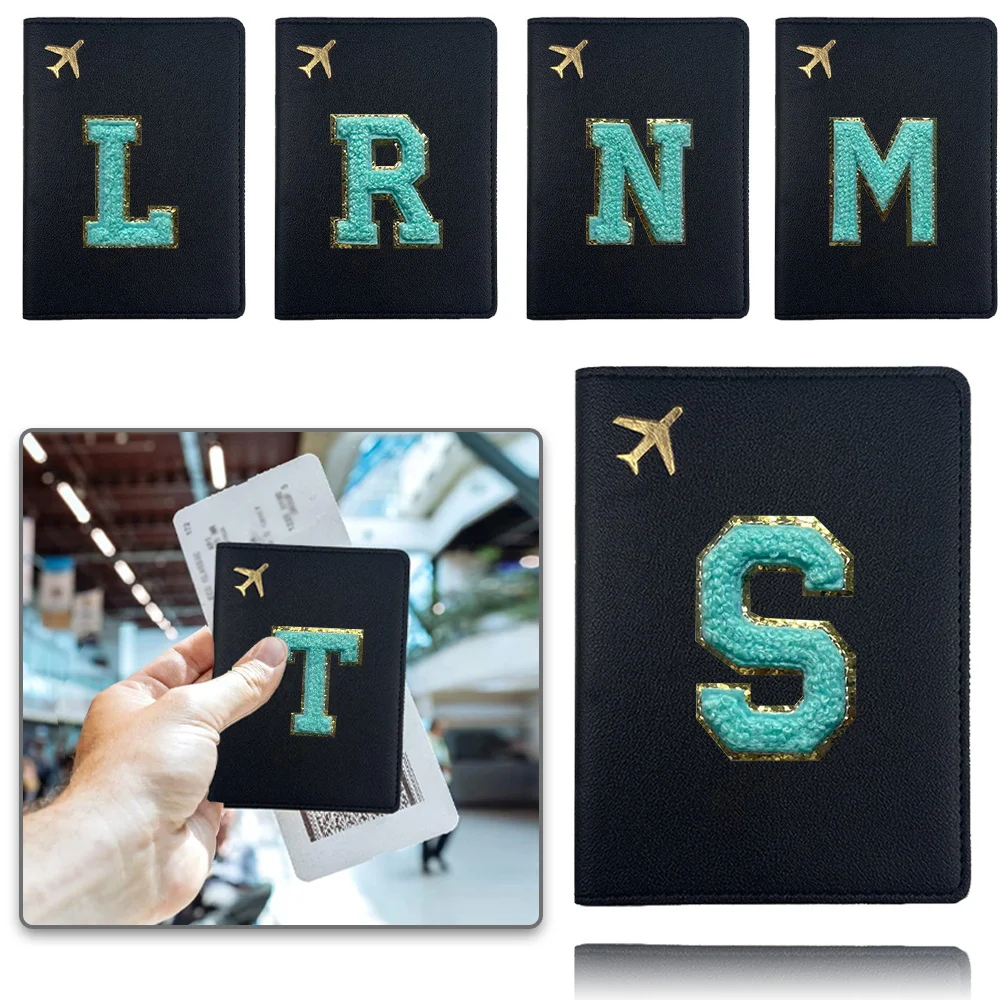 PU Passport Cover Passport Organizer Case Folding Boarding Pass Holder Portable Initial Chenille Embroidery Letter Green Pattern