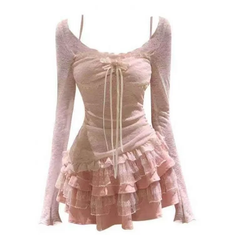 New Women Birthday Rave Korean Fashion Gyaru Y2k Coquette Outfits 2 Piece Set Fake Two Pieces Top + Mini Ruffle Skirts Chic image 6