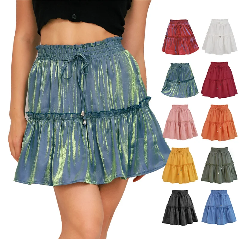 Casual Women Skirts 2022 Summer Solid Mini Pleated Skirt A-line Patchwork High Waist Woman Elastic Waist Female Clothing