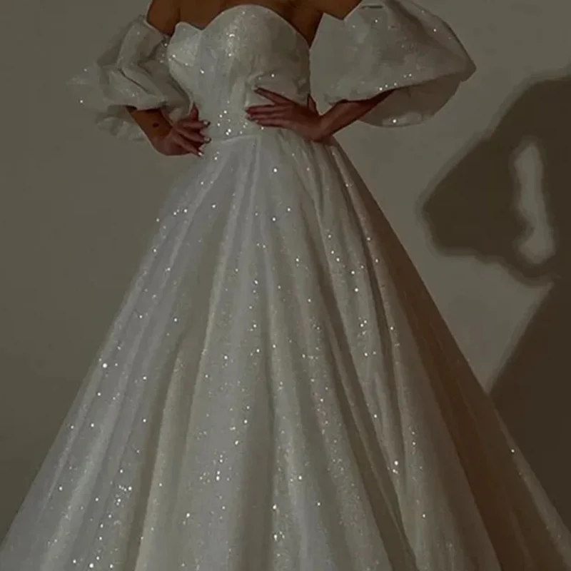 Robe de mariée scintillante, sans bretelles, en forme de cœur, en Tulle scintillant, ligne a, manches bouffantes détachables
