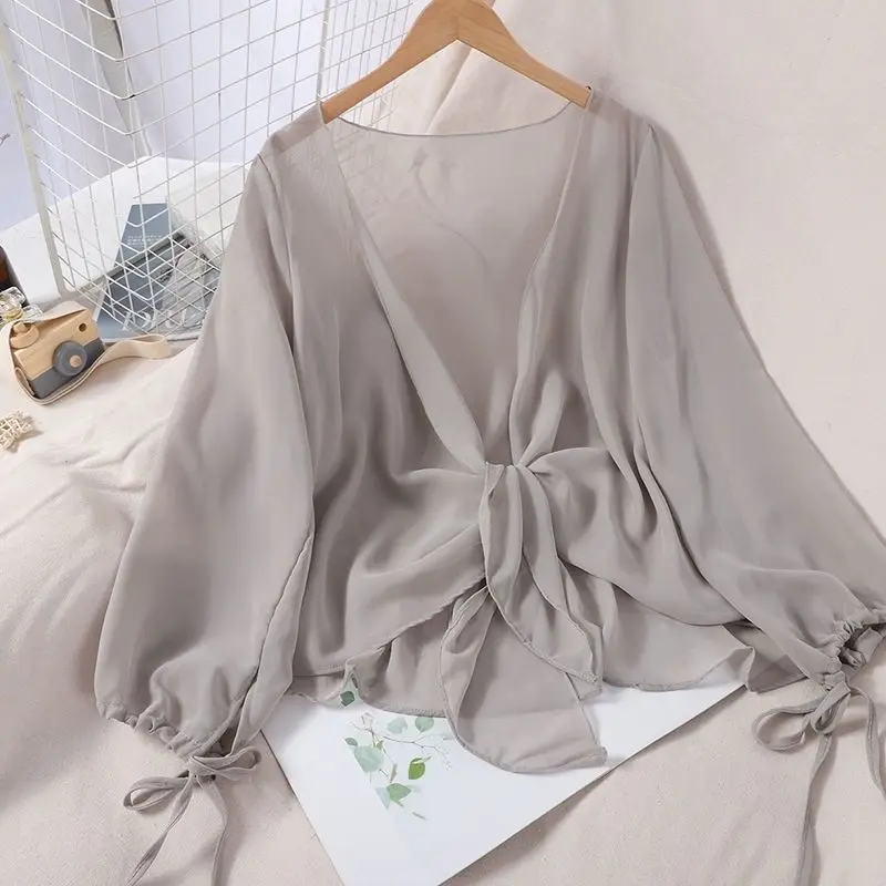 

Solid Colors Long Sleeves Women’s T Shirts Thin Chic Short Tops Chiffon Cardigan Bowknot Fashion Women Blouses