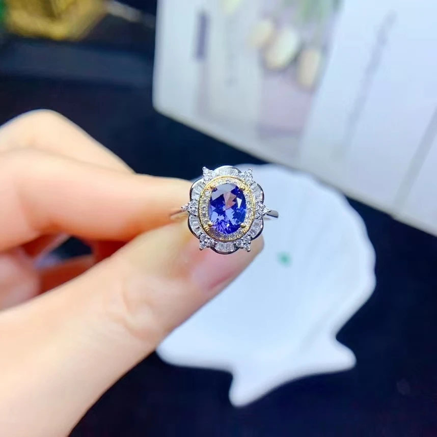 Natural Tanzanite Ring VVS Grade  for Party 6mm*8mm Tanzanite 925 Silver Ring with 3 Layers 18K Gold Plated Woman Birthday Gift