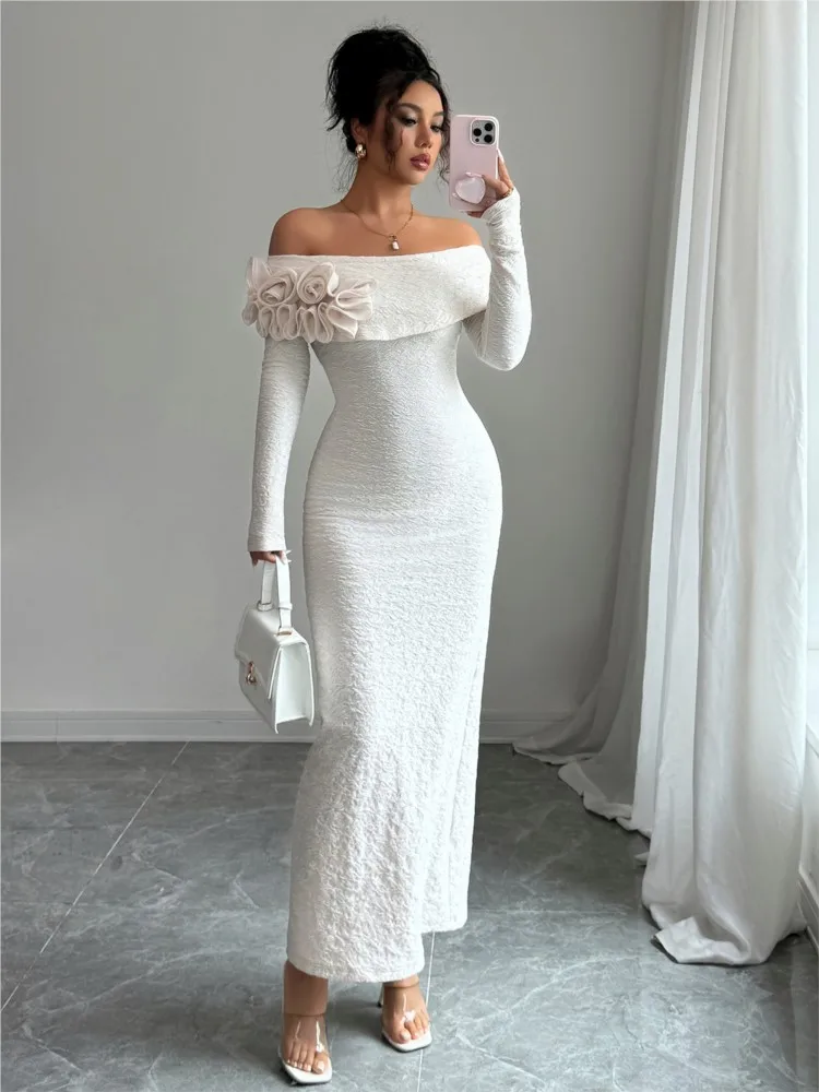 

Noble Elegant Long-sleeved Hip-covered Dress Solid Color Off Shoulder Temperament Intellect Trendy Vestidos Banquet Slim Party
