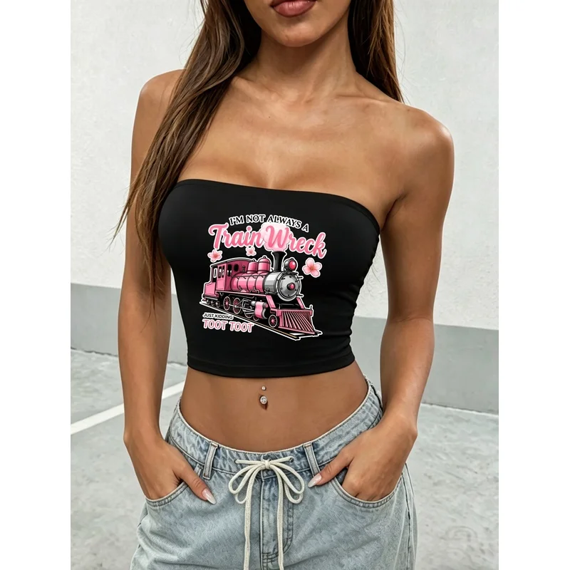 Y2K Retro strapless crop top for women，tight-fitting sleeveless wrap top，Cafe weekend street style sweet and cool tank top