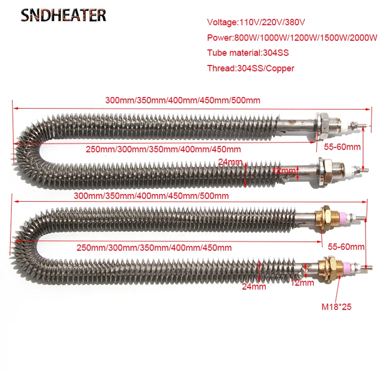 SNDHEATER 304SS Fin Heater Tube Tubular Heating Element for Air U Type M18*25 110V 220V 380V 800W 1000W 1200W 1500W 2000W