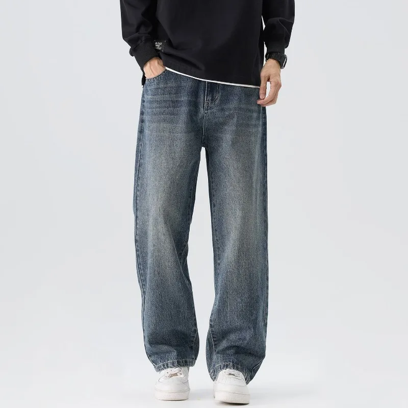 

KIDWHXR Man Denim Pant American Retro Fashion Loose Washed Male Straight-leg Pant Contrast Color Versatile Daily Men Trousers