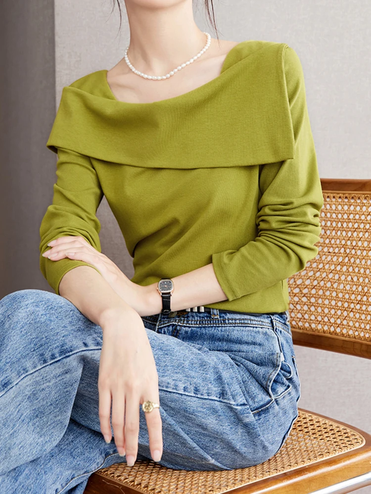 Autumn New French Square Neck Tops Temperament Versatile Long Sleeved T-shirt Women Sexy Solid Color Slim Fit Top