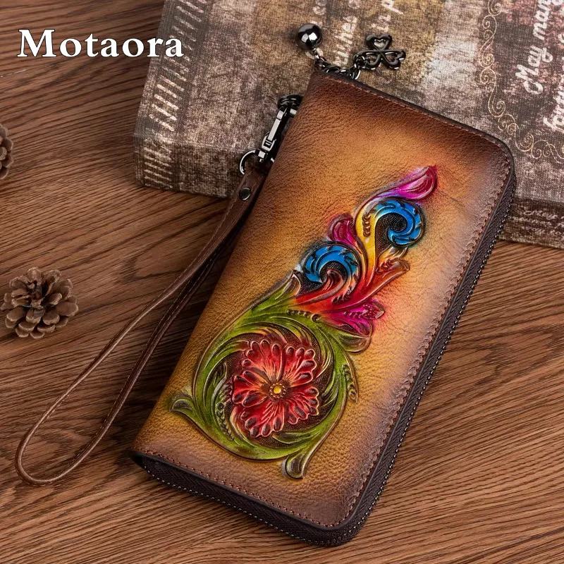 MOTAORA Top Grain Cowhide Leather Wallet Women Hand-Painted Embossing Luxury Clutch Purse Retro ID Card Holder Vintage