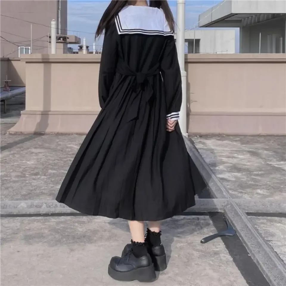 MAGOGO Sailor Navy Collar Black Dress for Female New Korean Style Long Sleeves Loose Waist Japanese College Bow Maxi Dresses