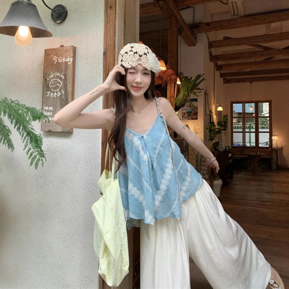 Seaside vacation style V-neck tank top women's summer new loose doll shirt irregular blue top