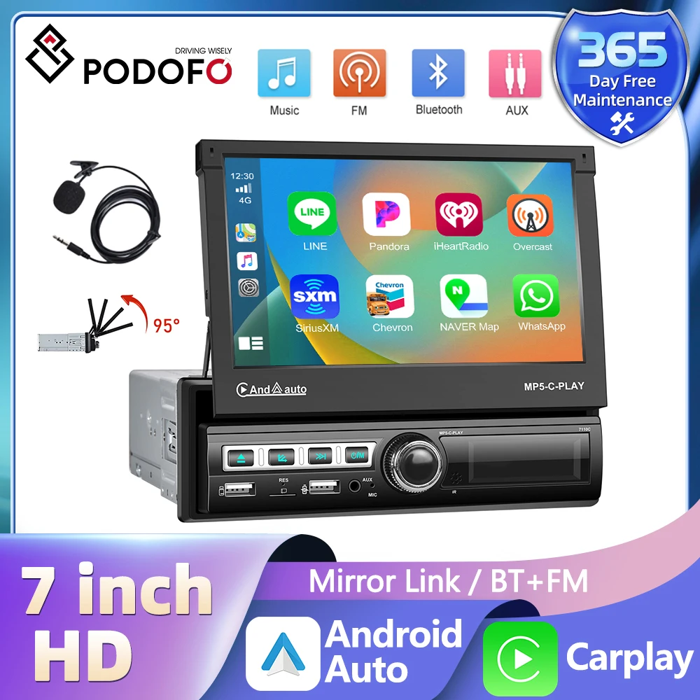 

Podofo automatic Telescopic Car Radio 7'' Touch Screen D-Play Universal Car Multimedia Player with Bluetooth FM For VW/Toyota