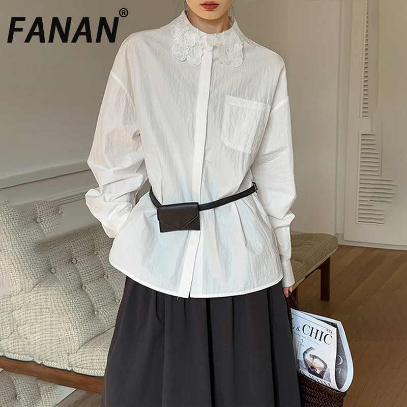 

Элегантные женские блузки FANAN с вышивкой, круглым вырезом, на одной пуговице, с длинным рукавом, весна 2026, новинка