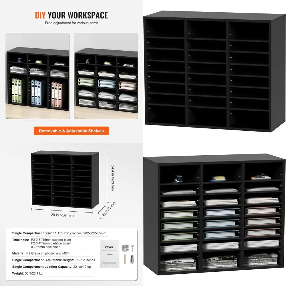 

Деревянный органайзер для литературы на 24 секции, регулируемые полки, 29x12x24.4, черный, сертифицированный EPA, для офиса/почтового отделения/класса