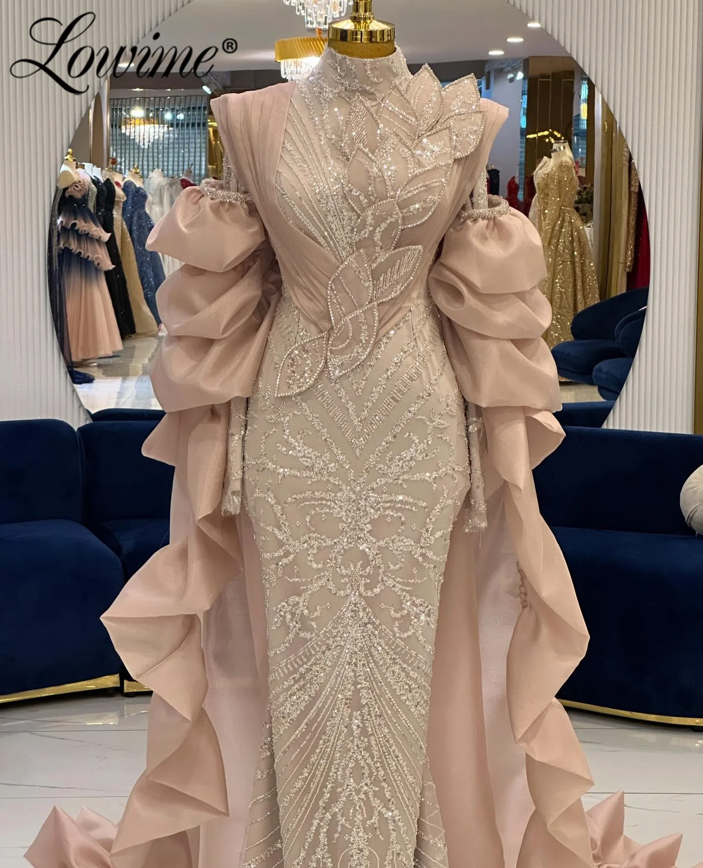 

Arabic Muslim Formal Evening Dress with Detachable Cape Customized High Neck Party Gowns Dubai Sequined Long Sleeve Prom Dresses
