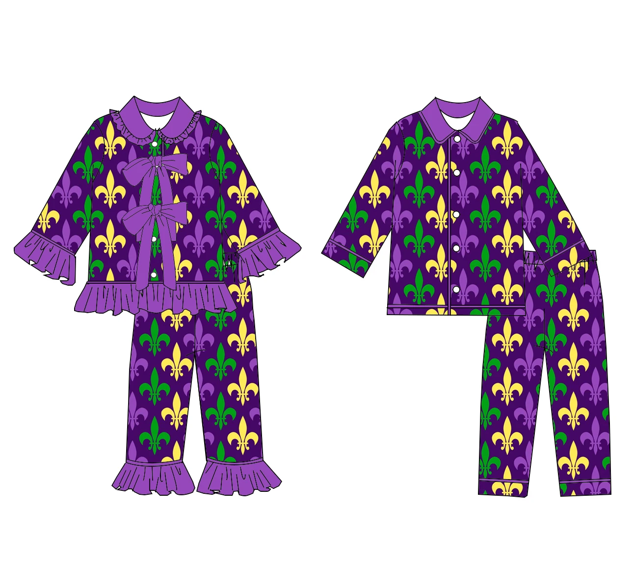 Wholesale mardi gras pajamas set 2 pieces boutique children's suit lapel long sleeve trousers purple plaid print girl boy set