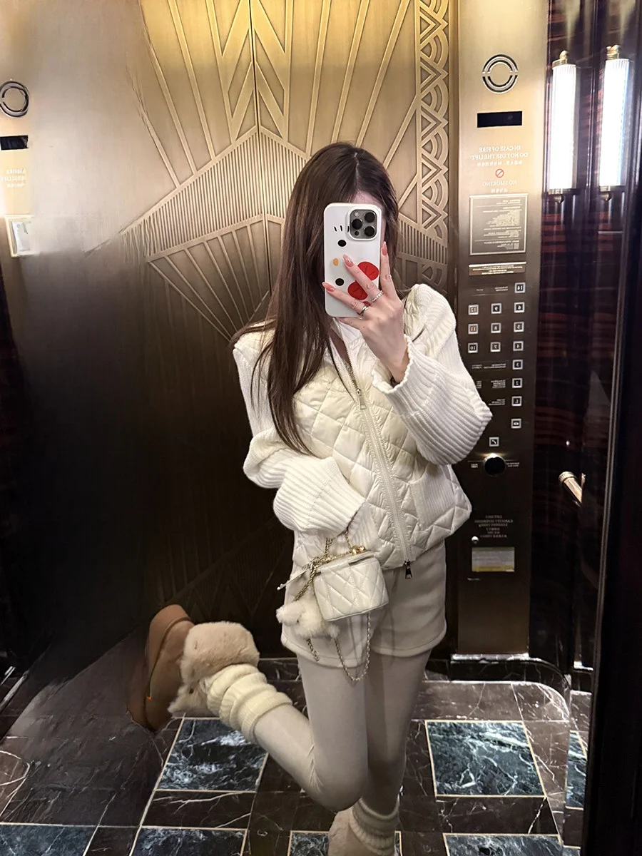 

NAOAO Lightweight Warm Autumn Winter Knitted Cardigan Sweater Thiened Patchwork down Splicing Soft Cozy round Ne Long Sve