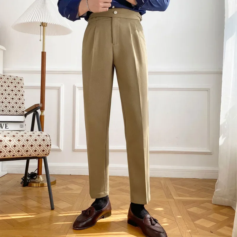 

Spring Men's Solid Color Suit Pant Slim Fit Feet Casual British High Waist Pants Office-trousers Men Dress Pant Trousers