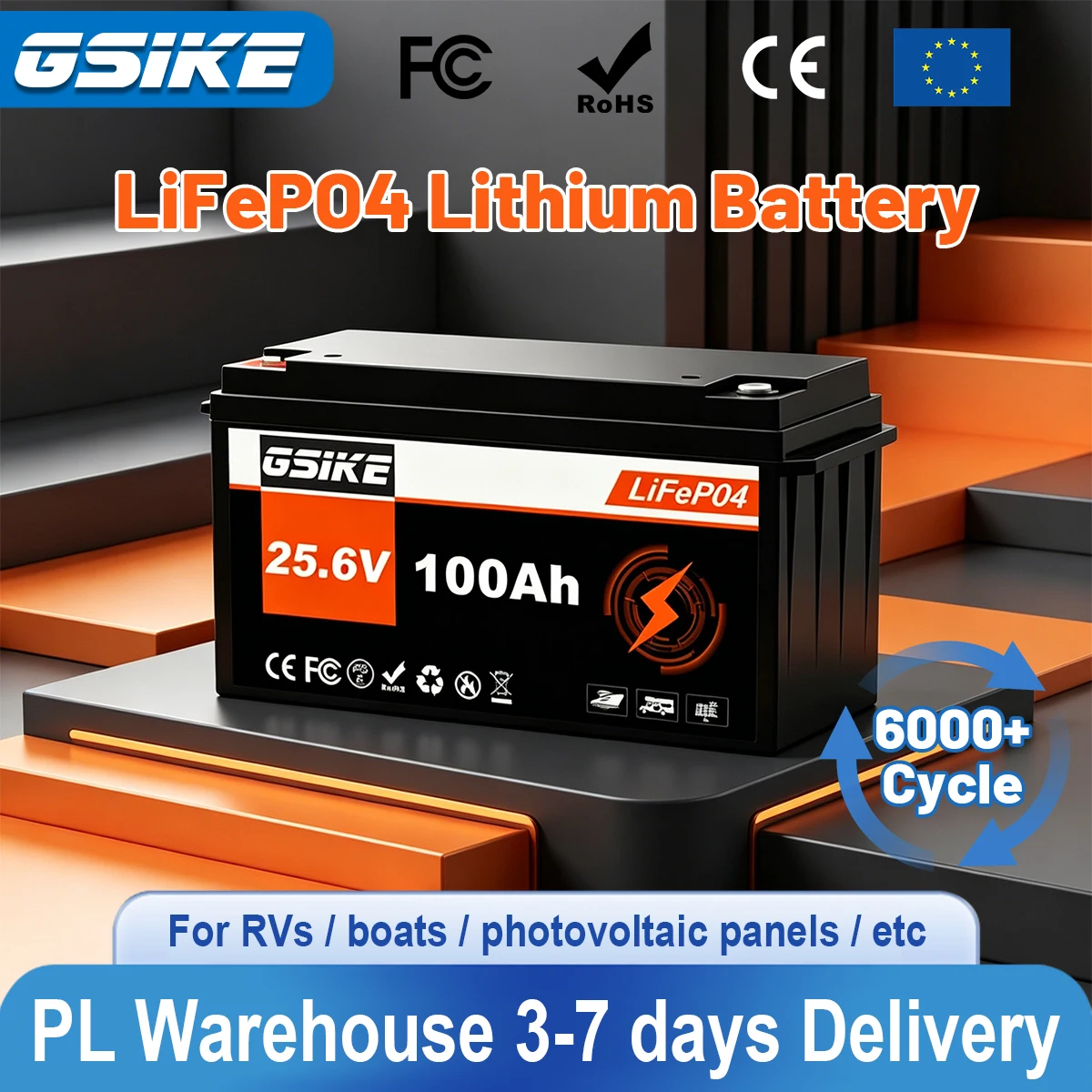 GSIKE 25.6V 100AH Lifepo4 rechargeable batteries, lithium iron phosphate solar batteries, rechargeable, with BMS, Class A, more than 6000 cycles, with Bluetooth.