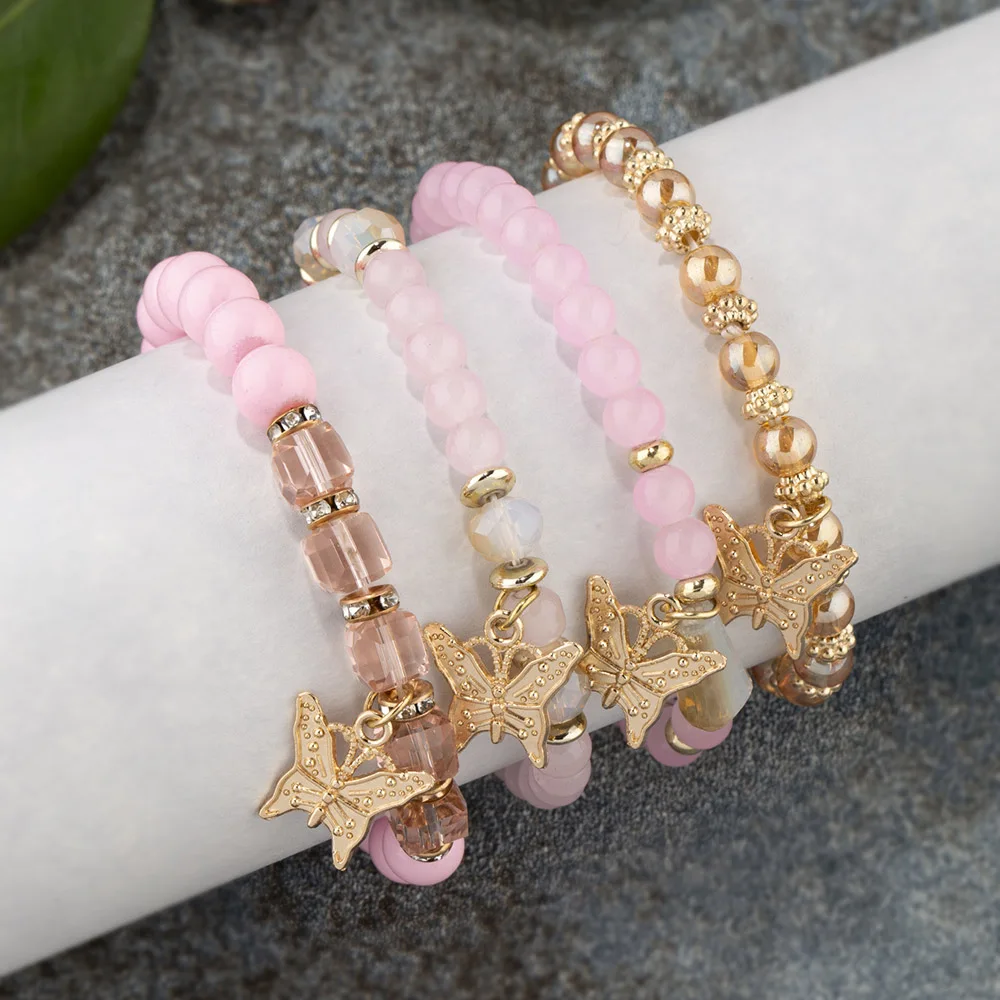 Conjunto de pulsera con cuentas de mariposa para mujer, brazalete de cadena elástica con cuentas acrílicas rosas, regalo de joyas de fiesta bohemia, 4 Uds.