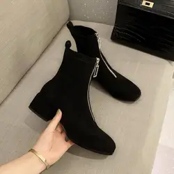 Autunno nuovi stivali corti da donna elastici tacco spesso cerniera anteriore Femme scarpe punta quadrata tacco pelle scamosciata nera Botas Femininas da donna