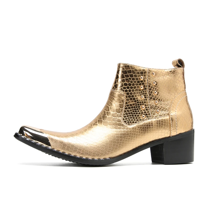 Spring Man Metal Gold Shiny High-heeled Short boots Western Cowboy Boots Cowhide Serpentine Printing Stage show Party boots