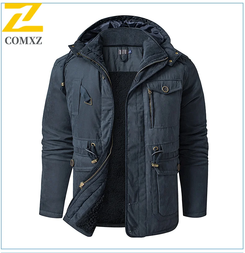 Retro Fleece Wool Jacket Men's Winter Clothing Warm Thick Hooded Parkas Men Outdoor Hunting Snow And Cold Proof Pocket Sled Coat