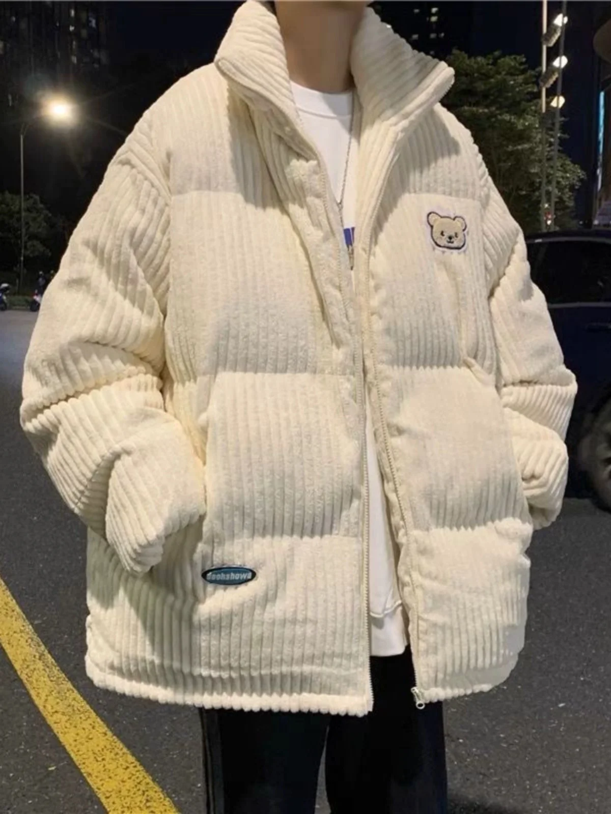 

Men's Winter Thiened Corduroy Jaet Embroidered Bear Trendy Brand Sli Cotton Clothing Youth ular Loose Fit Coat