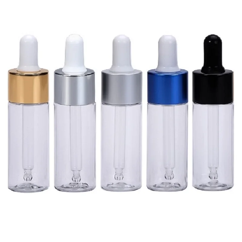 

Empty 20ml Essential Oil Dropper Bottle Gold Silver Black Ring Perfume Oil Drop Pipette Bottle Clear PET Plastic Dropper Bottle