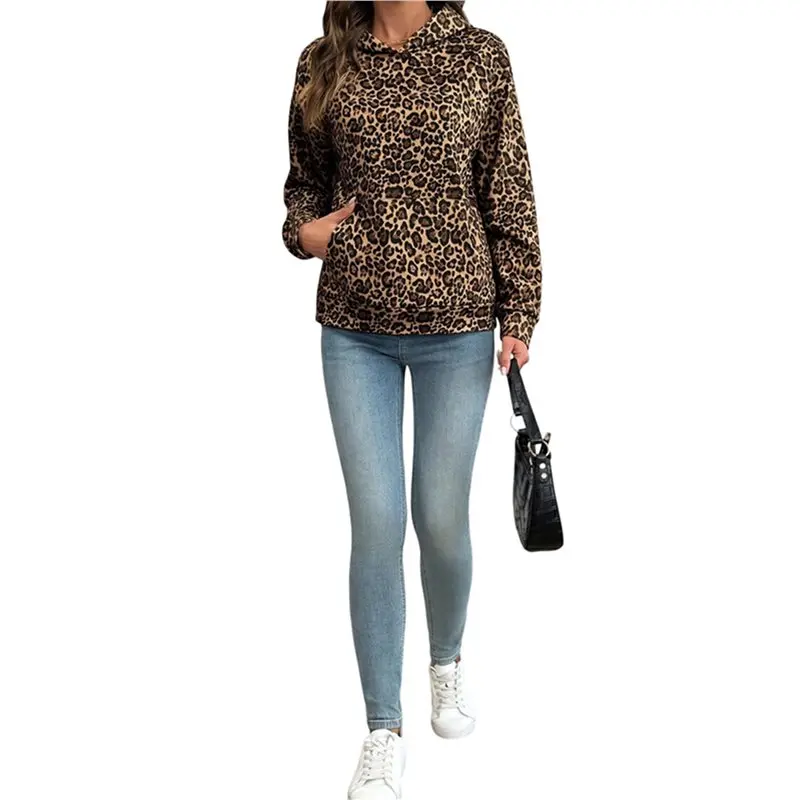 Women's All Over Leopard Print Loose Long Sleeve Hooded Sweatshirt Brown Leopard Print S Eco-Friendly