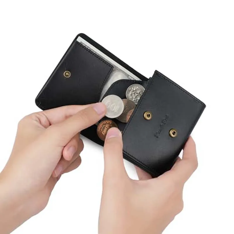 Portable Men's Small Wallet Made of Fine Grain Leather Vintage Genuine Leather Mini Wallet with Coin Compartment and Press Stud